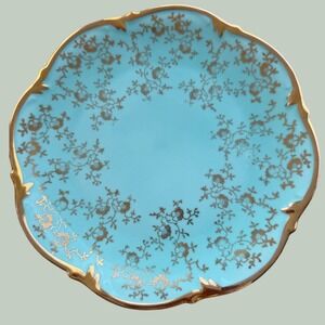 Bareuther Bavaria Turquoise Blue Gold Filigree Scalloped Porcelain Plate 7.75in